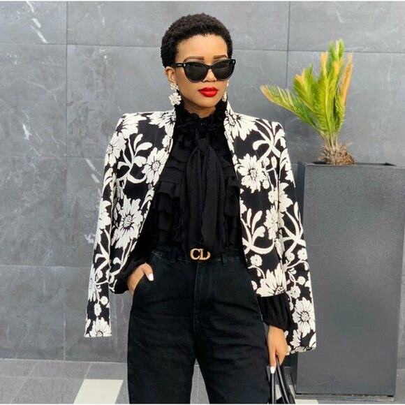 ZARA Floral Jacquard Blazer NWT | Black White Textured Jacket - Picture 7 of 16